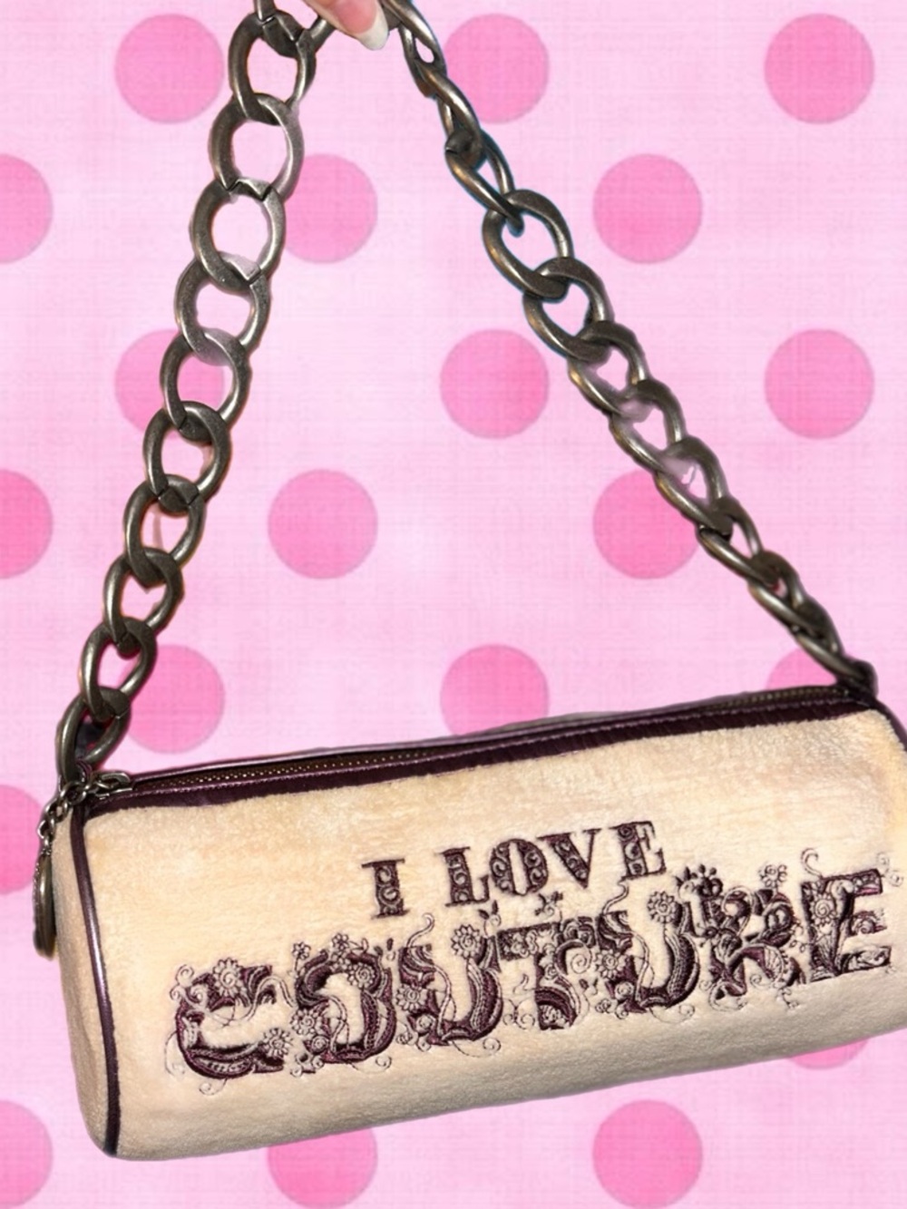 RARE Y2K 2005 Juicy Couture Metallic Purple Pink Cream I Love Couture Barrel Bag